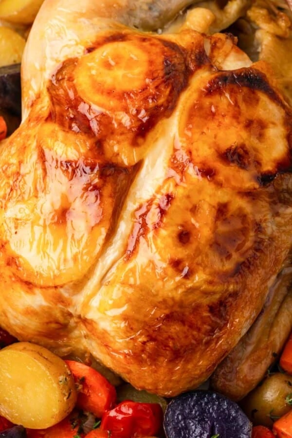 golden brown chicken with lemon underneath skin.