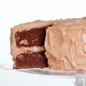 Chocolate Mayonnaise Cake on cake stand sliced