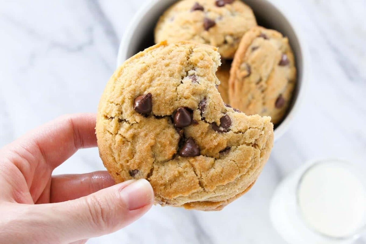 Handheld chocolate chip cookie.