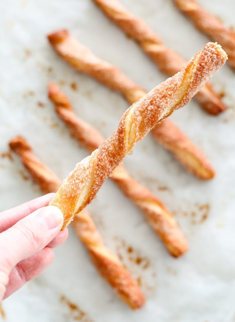 Cinnamon Sugar Twists are an easy dessert you can make with puff pastry scraps! Only three ingredients and you have a delicious dessert!