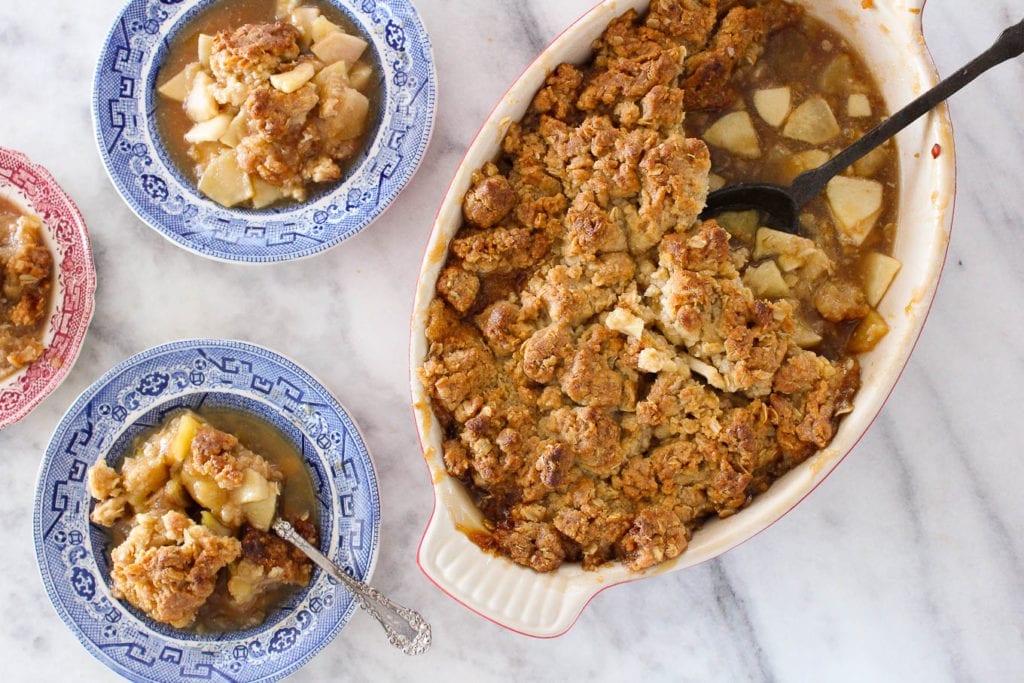This classic apple crisp with oat streusel is simply flavored with lemon and brown sugar to let the apples shine! 