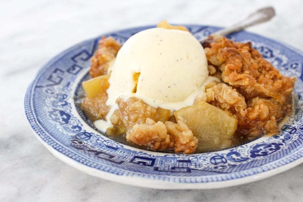 This classic apple crisp with oat streusel is simply flavored with lemon and brown sugar to let the apples shine! 