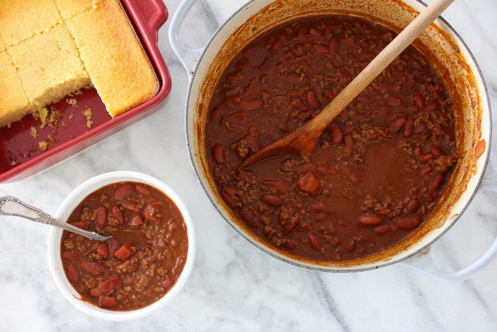 The Pinot Noir Chili is a rich, comforting chili with ground beef and kidney beans and just a touch of pinot noir wine for a beautiful depth of flavor! It’s like your favorite chili but dressed up a bit!
