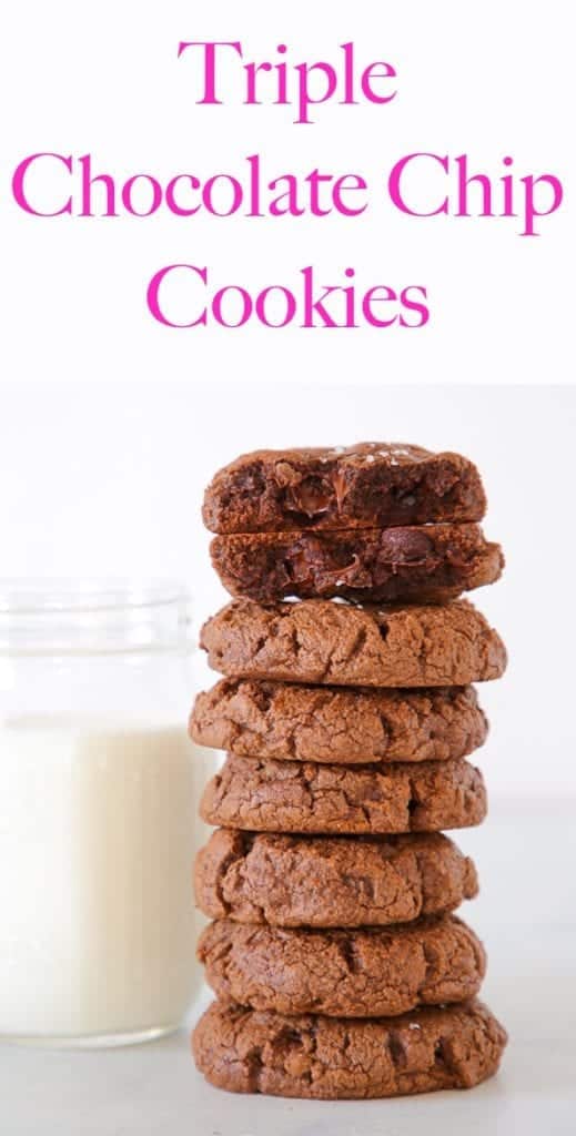 These Triple Chocolate Chip Cookies are decadently chocolatey, thick and chewy! They have just a hint of salt to really make the chocolate pop!