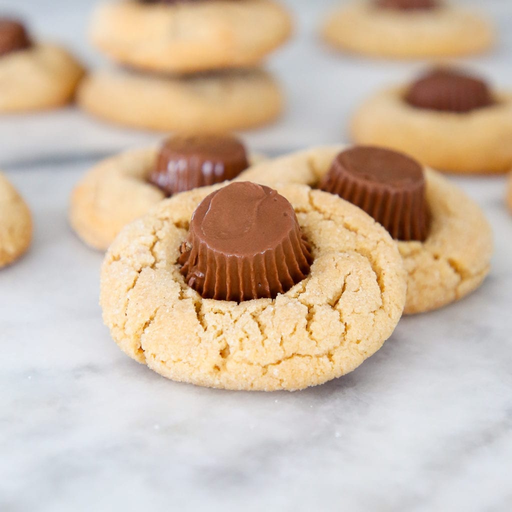 These Peanut Butter Cup Blossoms are like the cookies you grew up making but with a mini Reese’s cup pressed into the center of each one!