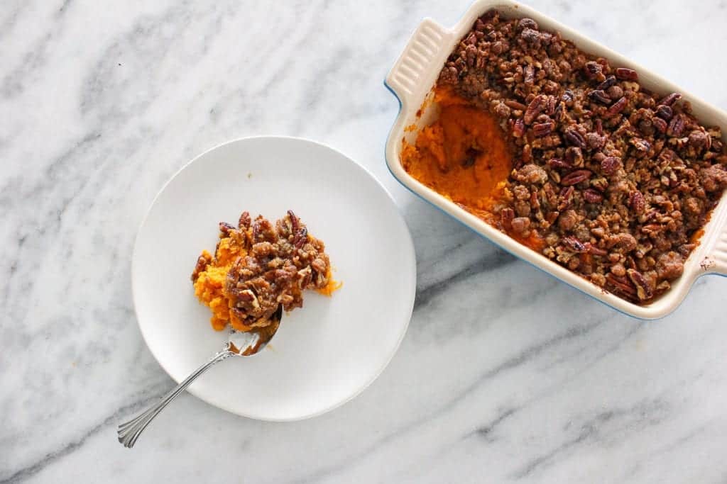 This Maple Sweet Potato Casserole has a crunchy brown sugar pecan topping and is just sweet enough!