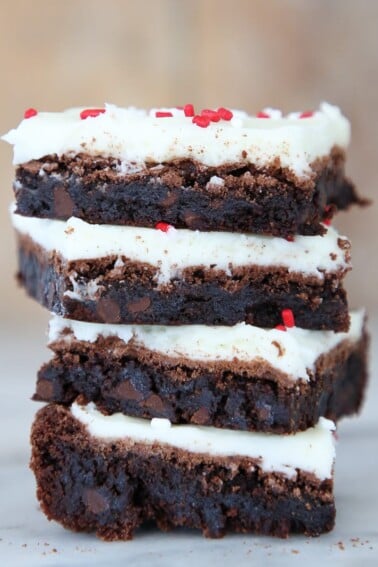 Peppermint Triple Chocolate Brownies stacked
