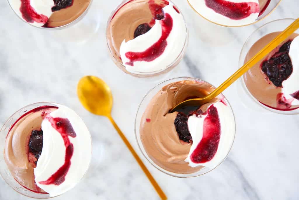 Black Forest Mousse is an easy dark chocolate mousse swirled with a kirsch cherry sauce