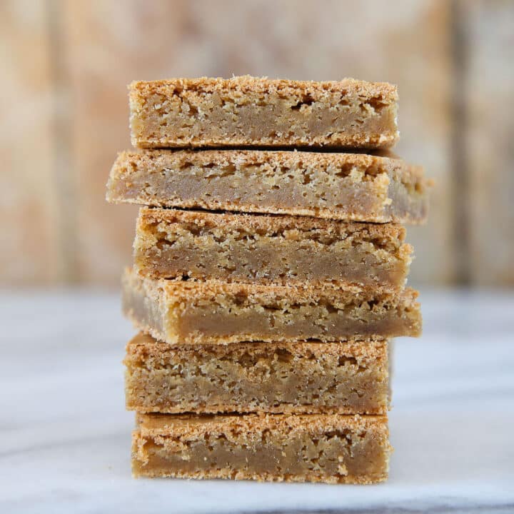 Classic Chewy Blondies stacked close up