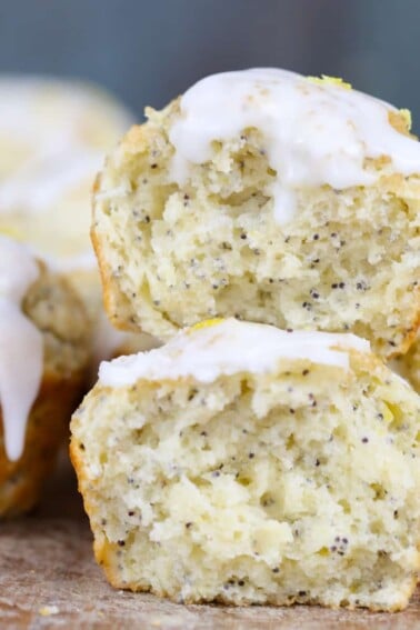 Lemon Poppyseed Muffin sliced in half with lemon glaze