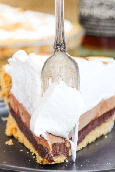 No bake whiskey smores pie with antique fork