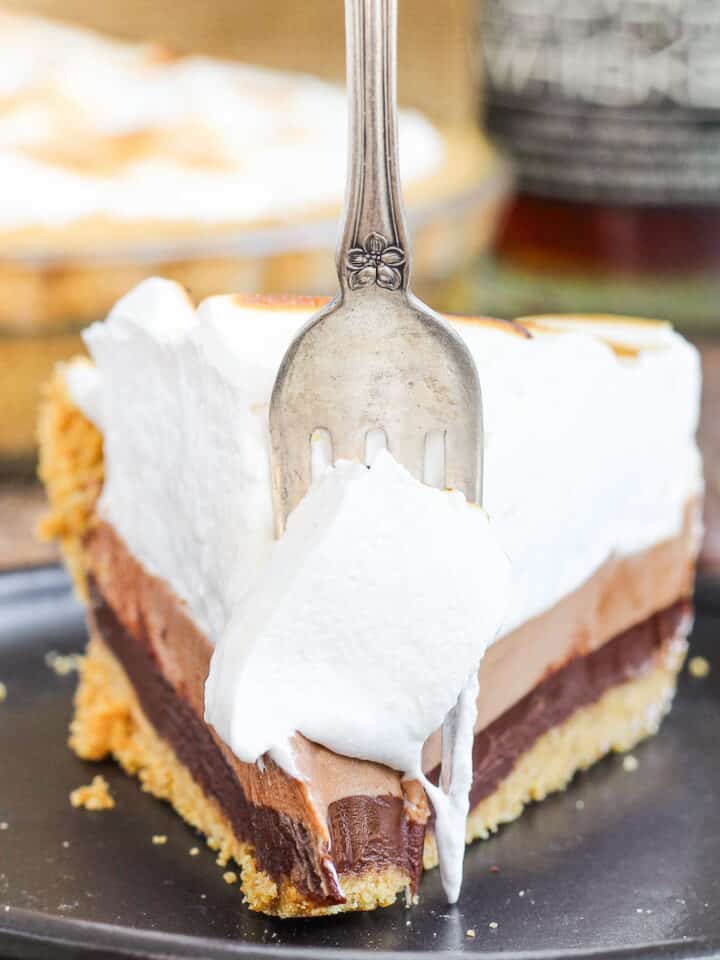No bake whiskey smores pie with antique fork