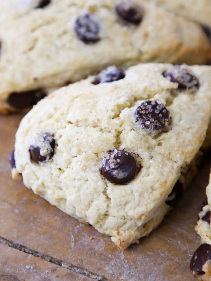 Chocolate Chip scones close up on wood board