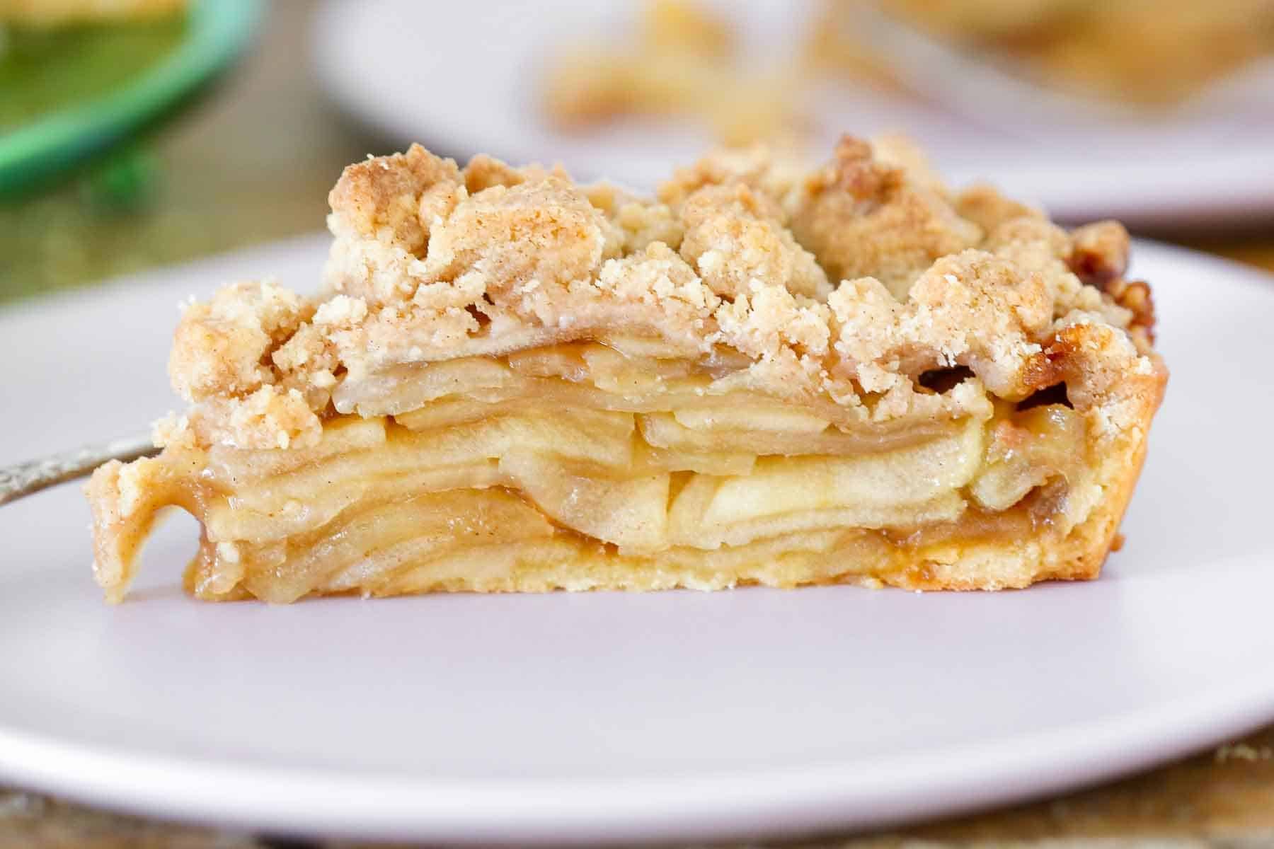 pate sucree used in caramel apple tart viewed from side.