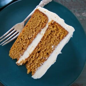 Pumpkin Spice Layer Cake slice on plate.