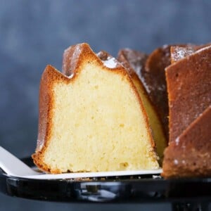 Sour Cream Pound Cake slice on cake server.