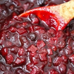 cooked cranberry chutney in pot.