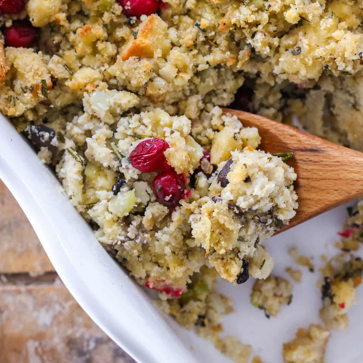 Mushroom Cornbread Stuffing in white baking dish