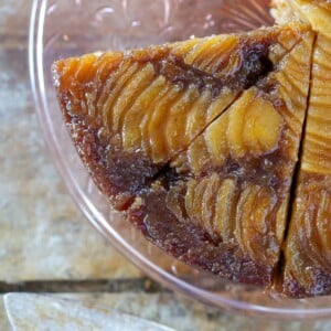 Pear Upside Down Cake sliced pink cake plate