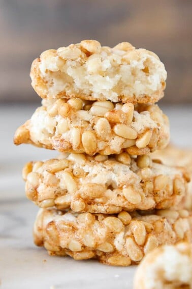 Pignoli cookies with crunchy pine nuts on the exterior.