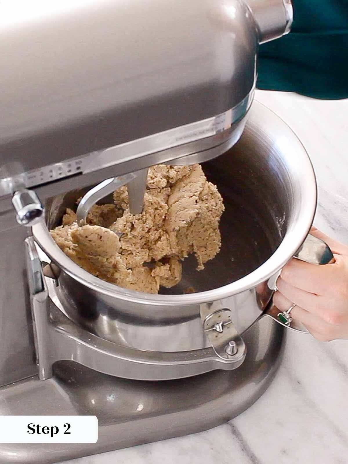 fully mixed dough in stand mixer bowl.
