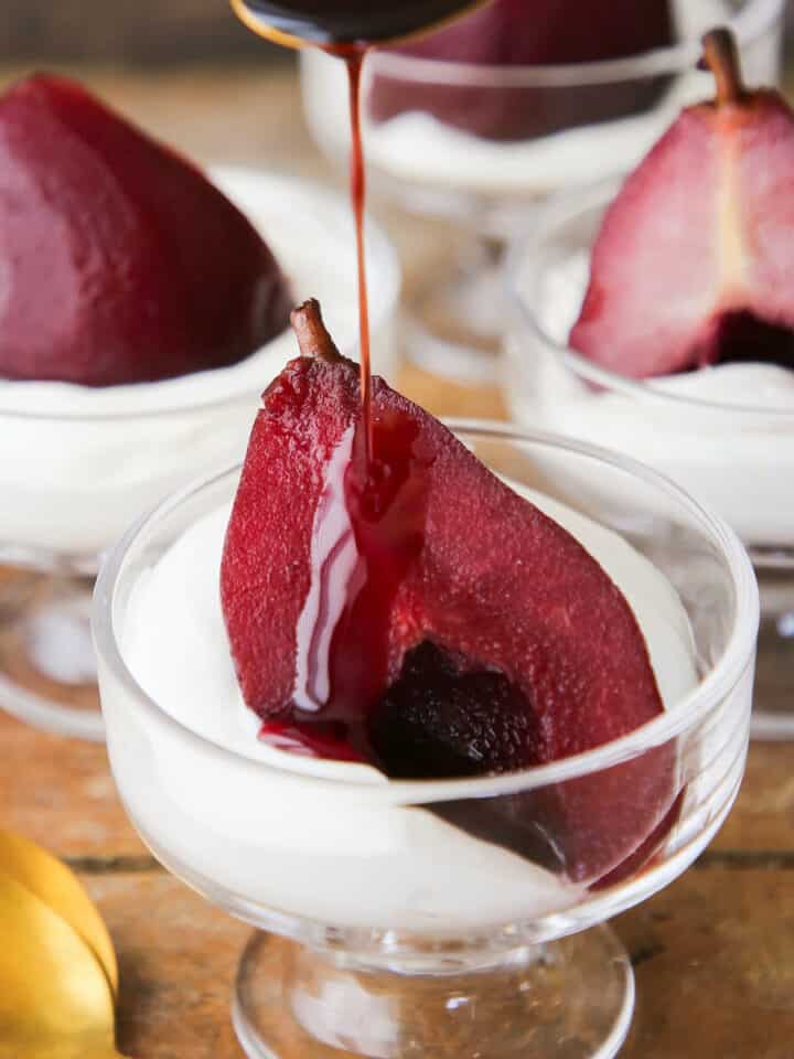 Easy Red Wine Poached Pear Dessert with red wine reduction drizzle