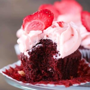 Red Velvet White Chocolate Cupcake unwrapped closeup