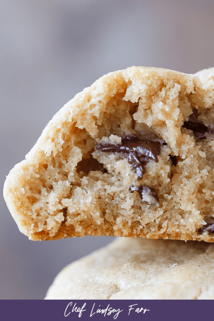A section of the inside of a peanut butter chocolate chip cookie with a gooey chocolate chip.
