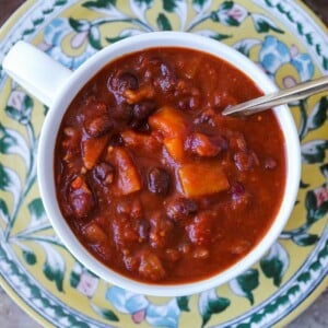 Butternut Squash Chili Vegan in white bowl.