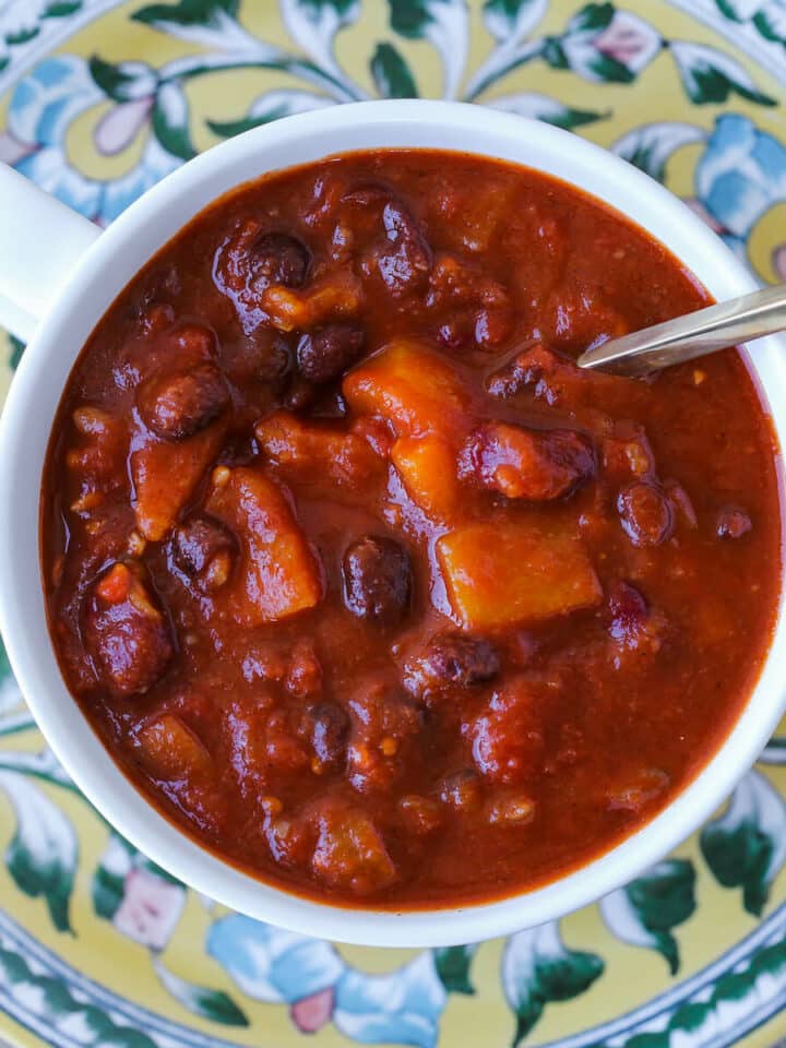 Butternut Squash Chili Vegan in white bowl