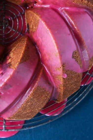 Cherry Almond Pound Cake pink cherry glaze dripping