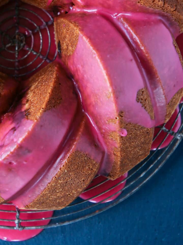 Cherry Almond Pound Cake pink cherry glaze dripping
