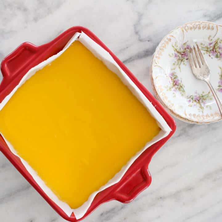 Lemon Bars in red dish