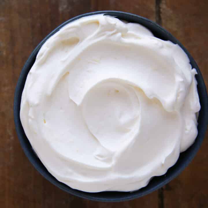 Lemon Whipped Cream swirled in blue bowl