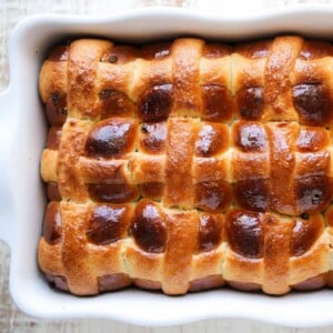 Sourdough Hot Crossed Buns in white baking dish