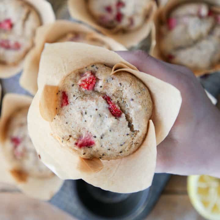 Strawberry Whole Wheat Muffin unwrapped in hand