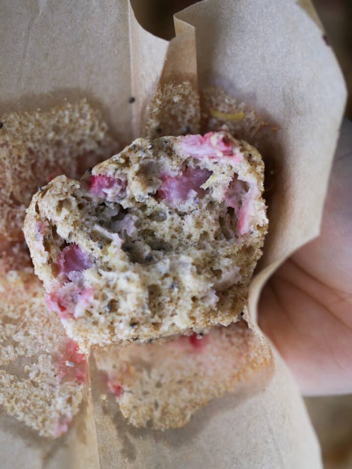 Strawberry Whole Wheat Muffin unwrapped in hand