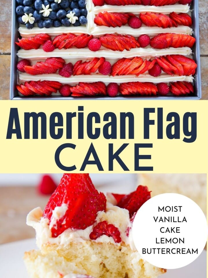 two picture of american flag cake with text.