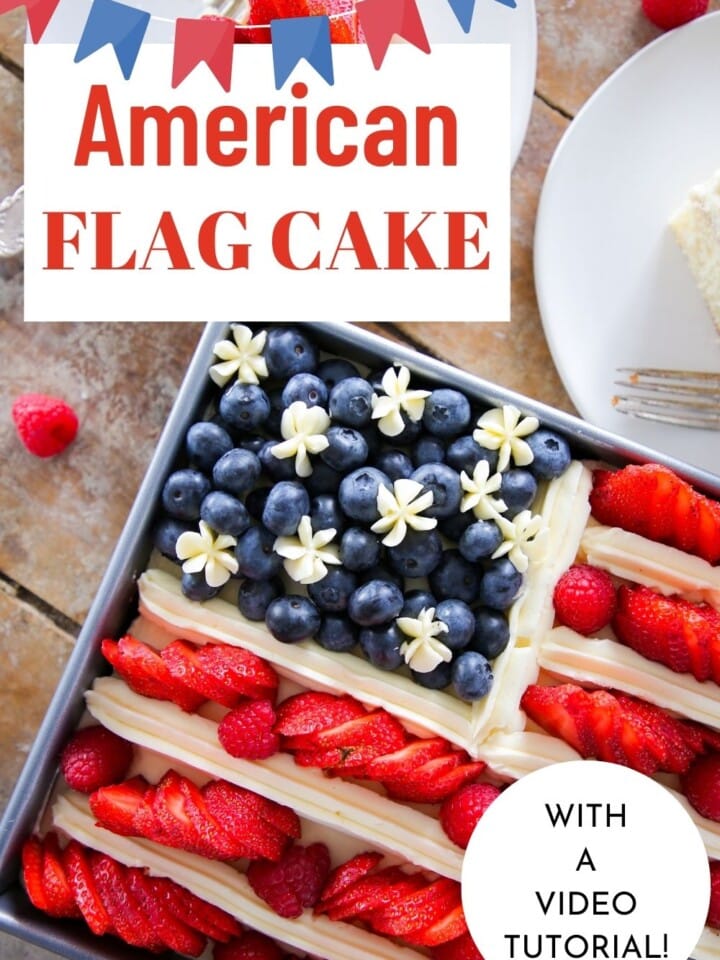 american flag cake decorated with berries with text.
