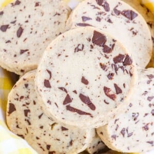 Chocolate Chip Shortbread Cookies in yellow towel.