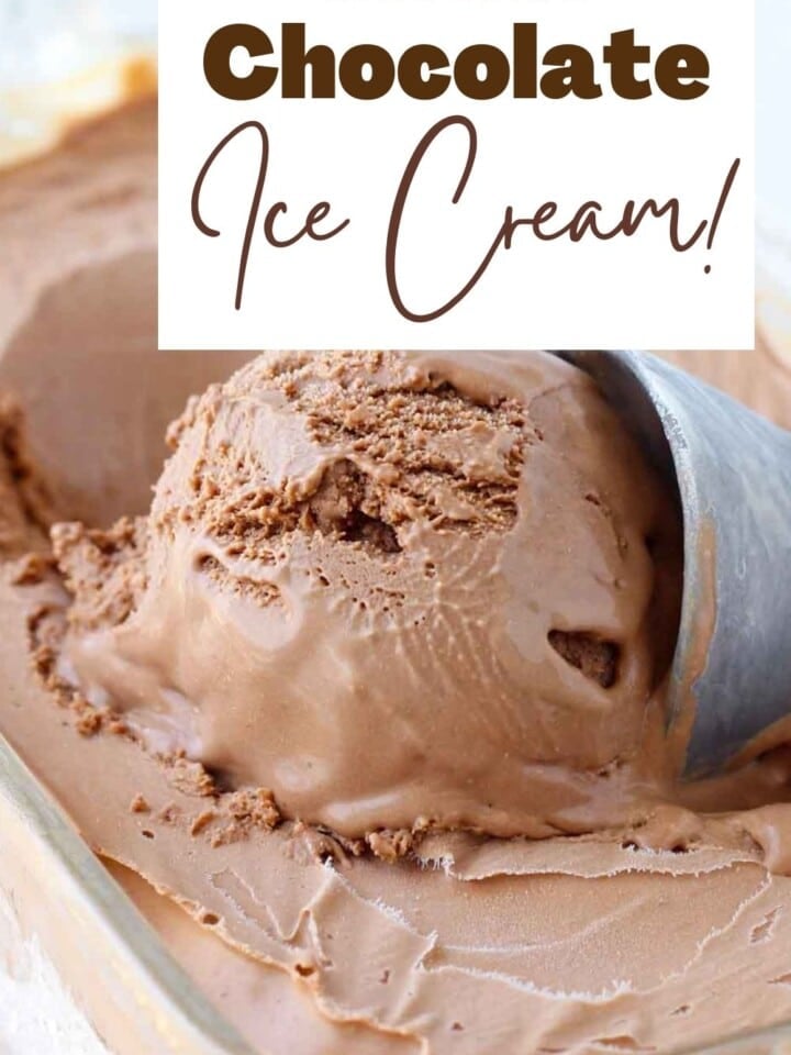 scoop of chocolate ice cream close up with text.