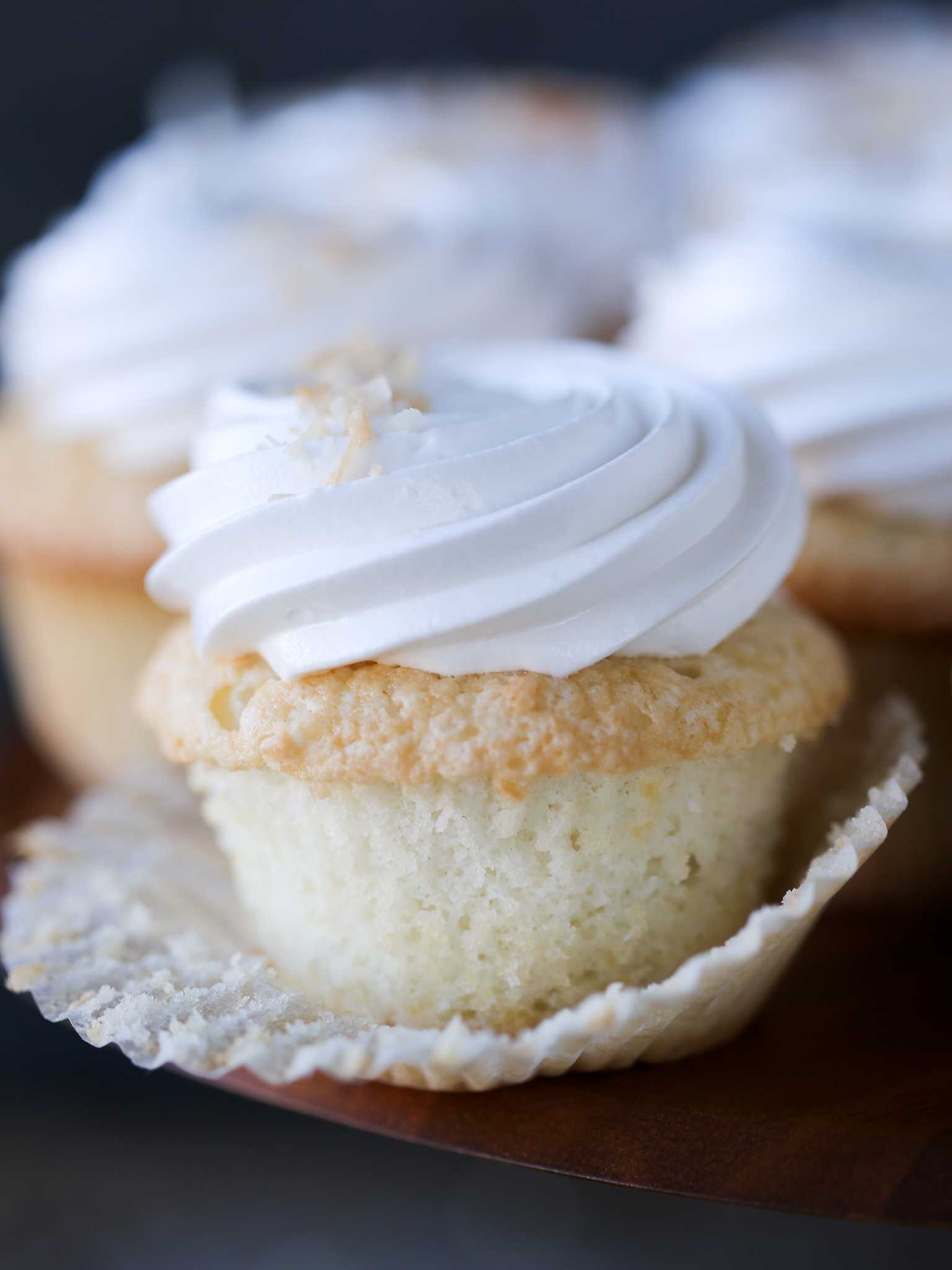 Coconut Cupcakes Fluffy White Frosting Peeled Wrapper