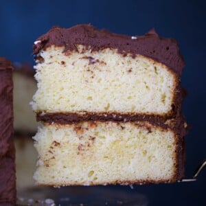 slice of yellow cake with chocolate buttercream blue background.