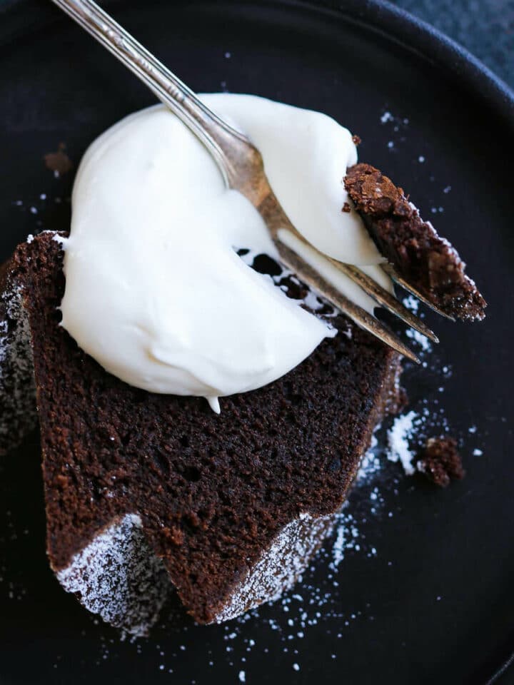 the best chocolate pound cake sliced with whipped cream