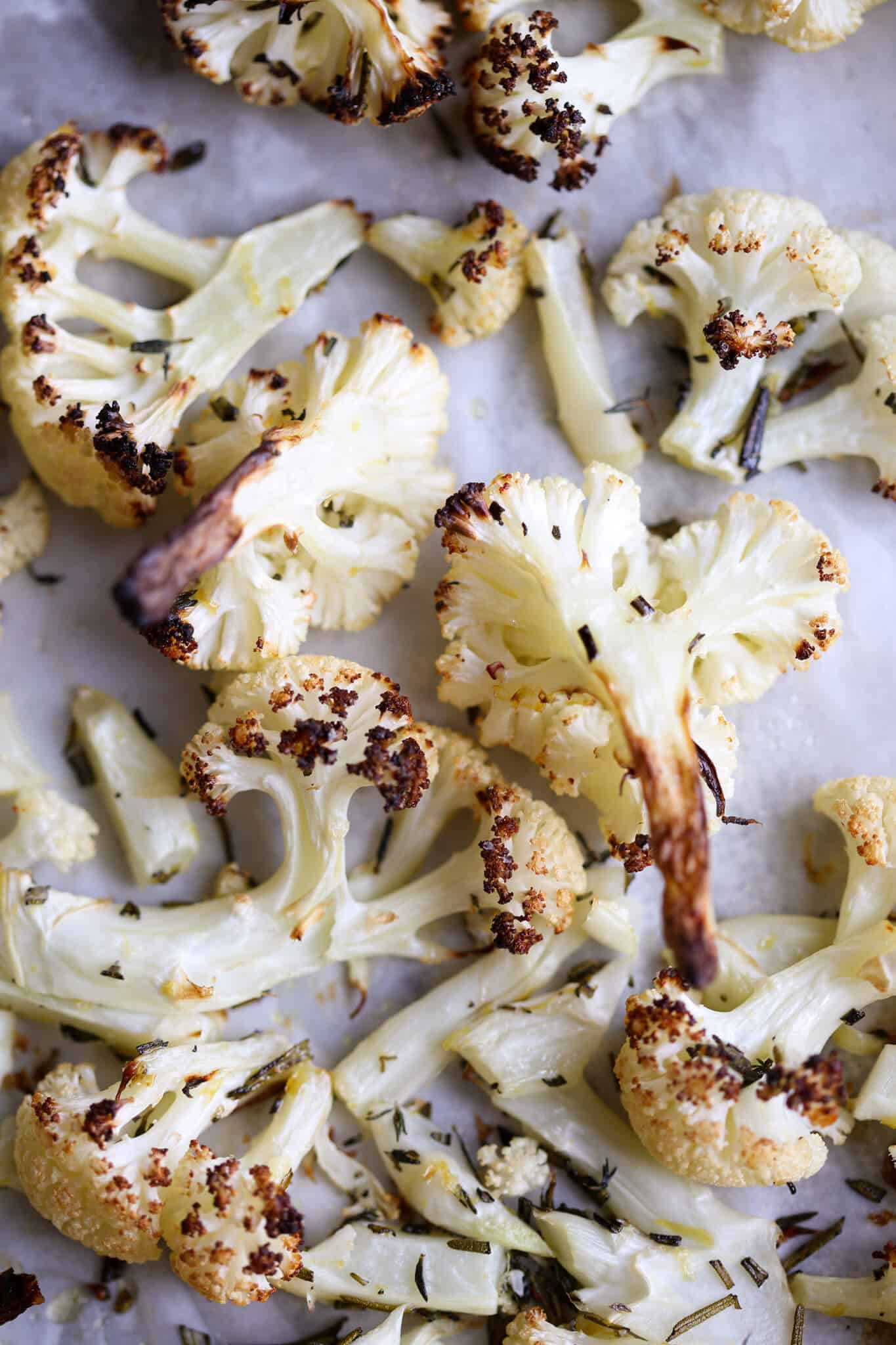 Easy Rosemary Lemon Roasted Cauliflower on baking sheet