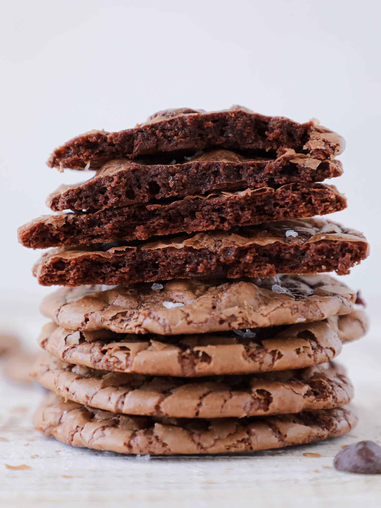 Fudgy Brownie Cookies in a tall stack for Easy Chocolate Dessert.