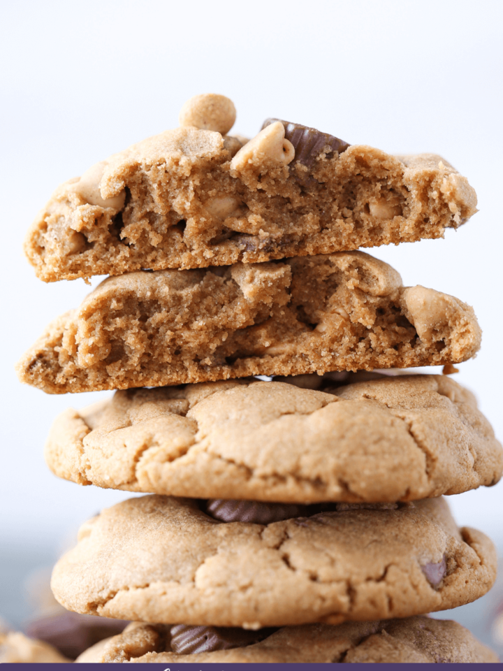 Loaded Reese's Peanut Butter Cookies in a stack of four cookies.