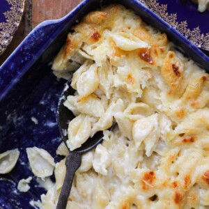 White cheddar mac and cheese perfectly baked with a little golden brown around the edges.