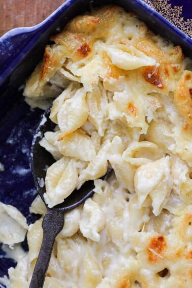 White cheddar mac and cheese perfectly baked with a little golden brown around the edges.