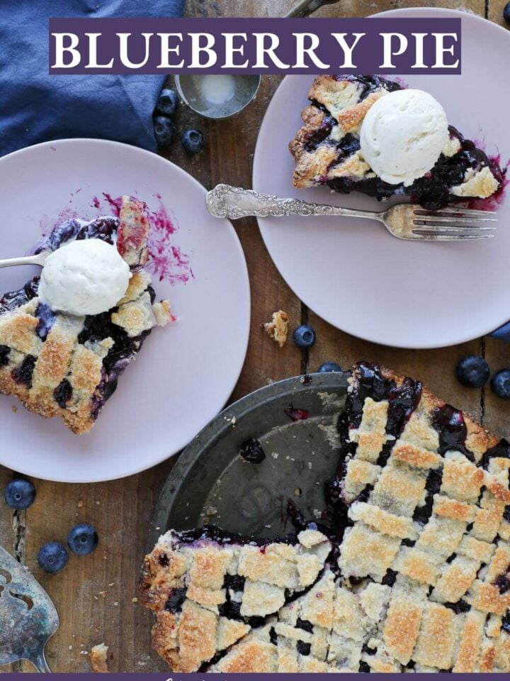 Two slices of blueberry pie with scoops of vanilla ice cream on top.